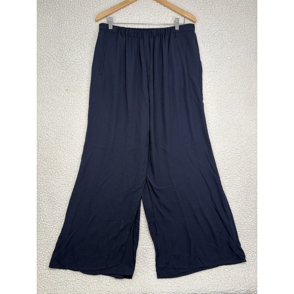 Zara Basic Navy Culottes Palazzo Pants Wide Leg Elastic Waist XL Flowy Slits‎